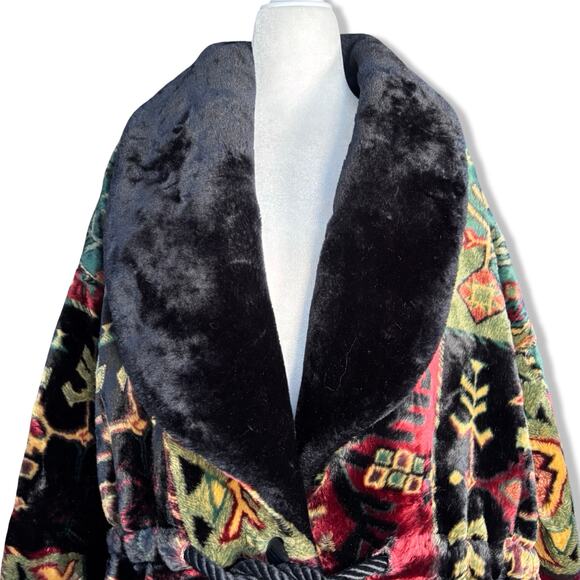 Vintage Gallery Faux Fur Patchwork Belted Coat Fur Collar Southwestern Artsy - Picture 3 of 14